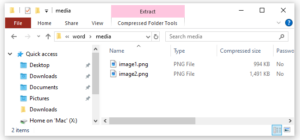 Windows Explorer showing contents of the "word>media" folder in the ZIP archive. The filenames are image1.png and image2.png.