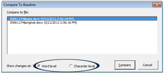 Screenshot of eXtyles Compare to Baseline dialog, showing the Word Level and Character Level options.