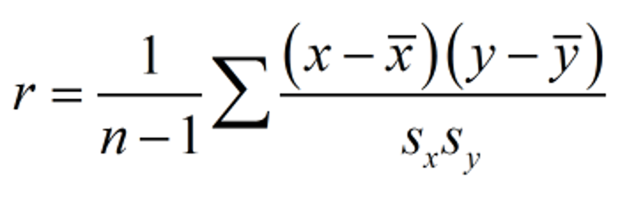 Mathematical representation of the equation for calculating a correlation coefficient in statistics