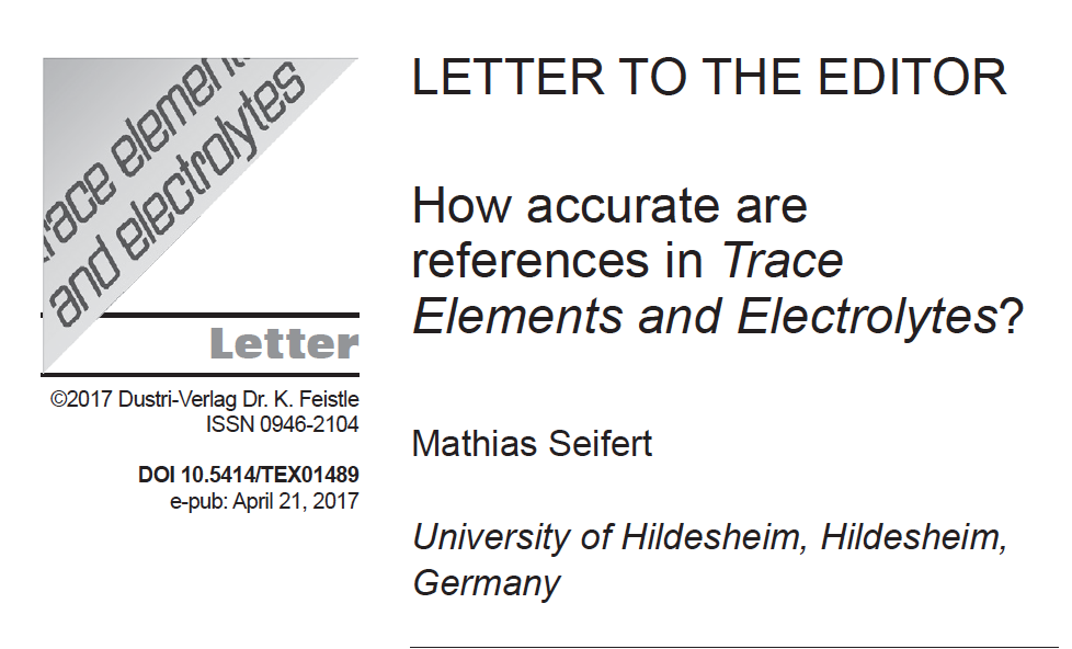 Snapshot of Dr Seifert's letter to the editor in Trace Elements and Electrolytes