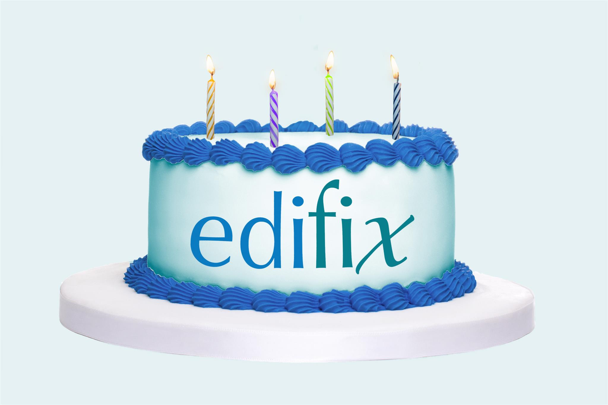 a birthday cake with 4 candles and the Edifix logo
