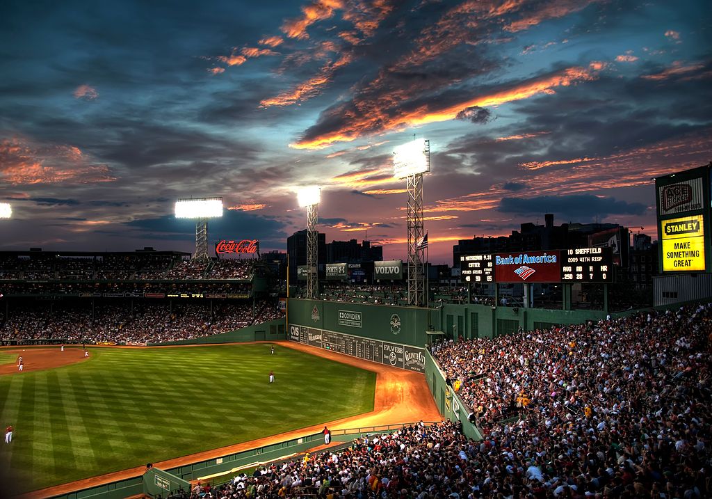 Photo: Fenway Park at night, with field lights on