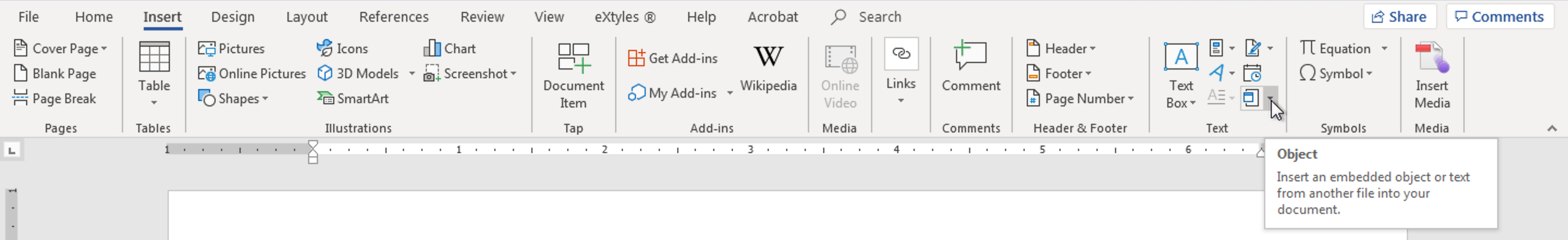 Screenshot: Insert ribbon in Microsoft Word, showing the Insert Object button