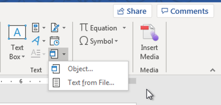 Screenshot: The Insert Object drop-down menu, with the options Object... and Text from File...