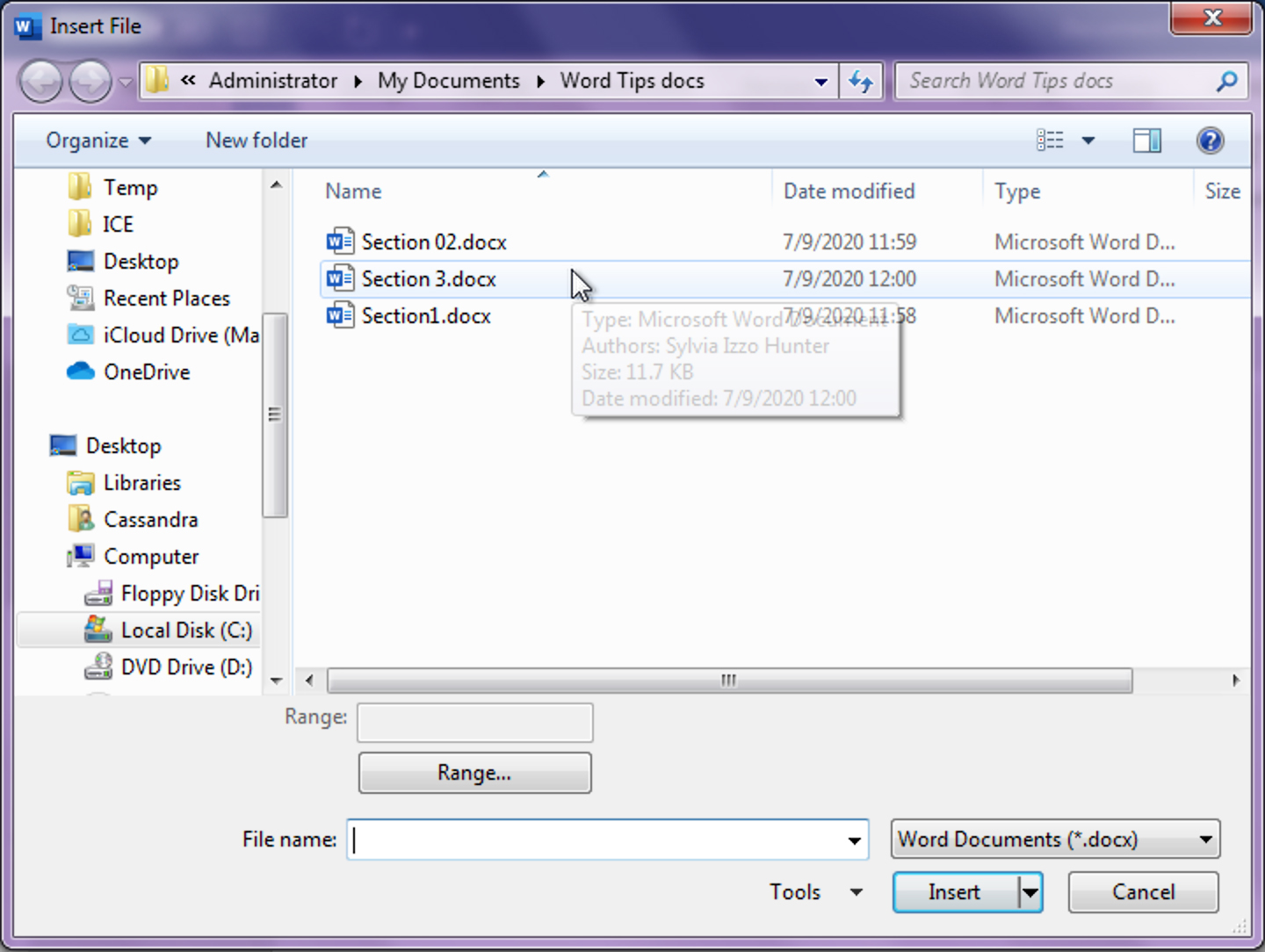 Screenshot: Insert File dialog box, showing Word files titled Section 02.docx, Section 3.docx, and Section1.docx