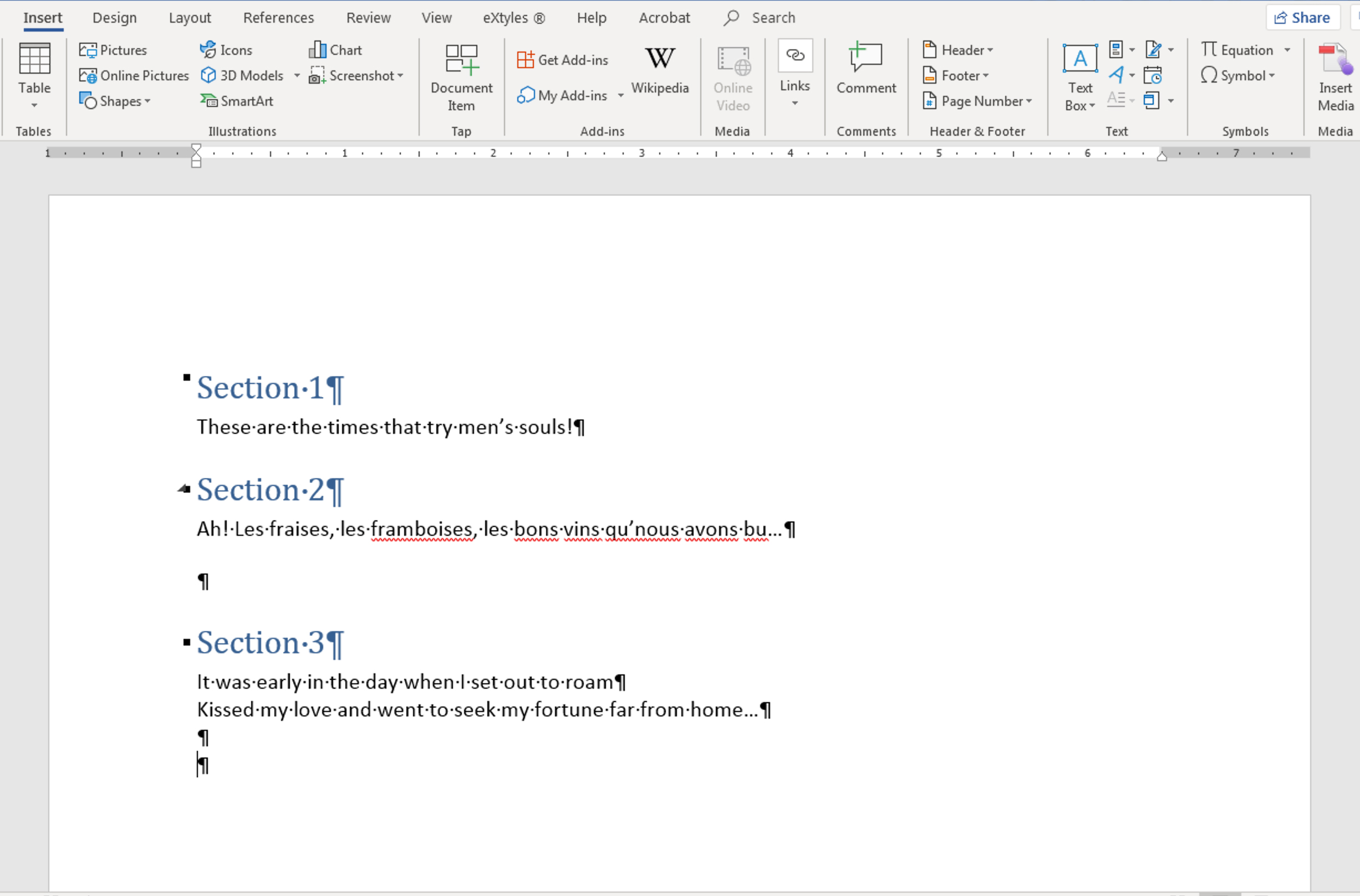 Screenshot: Microsoft Word document showing text inserted from 3 different files