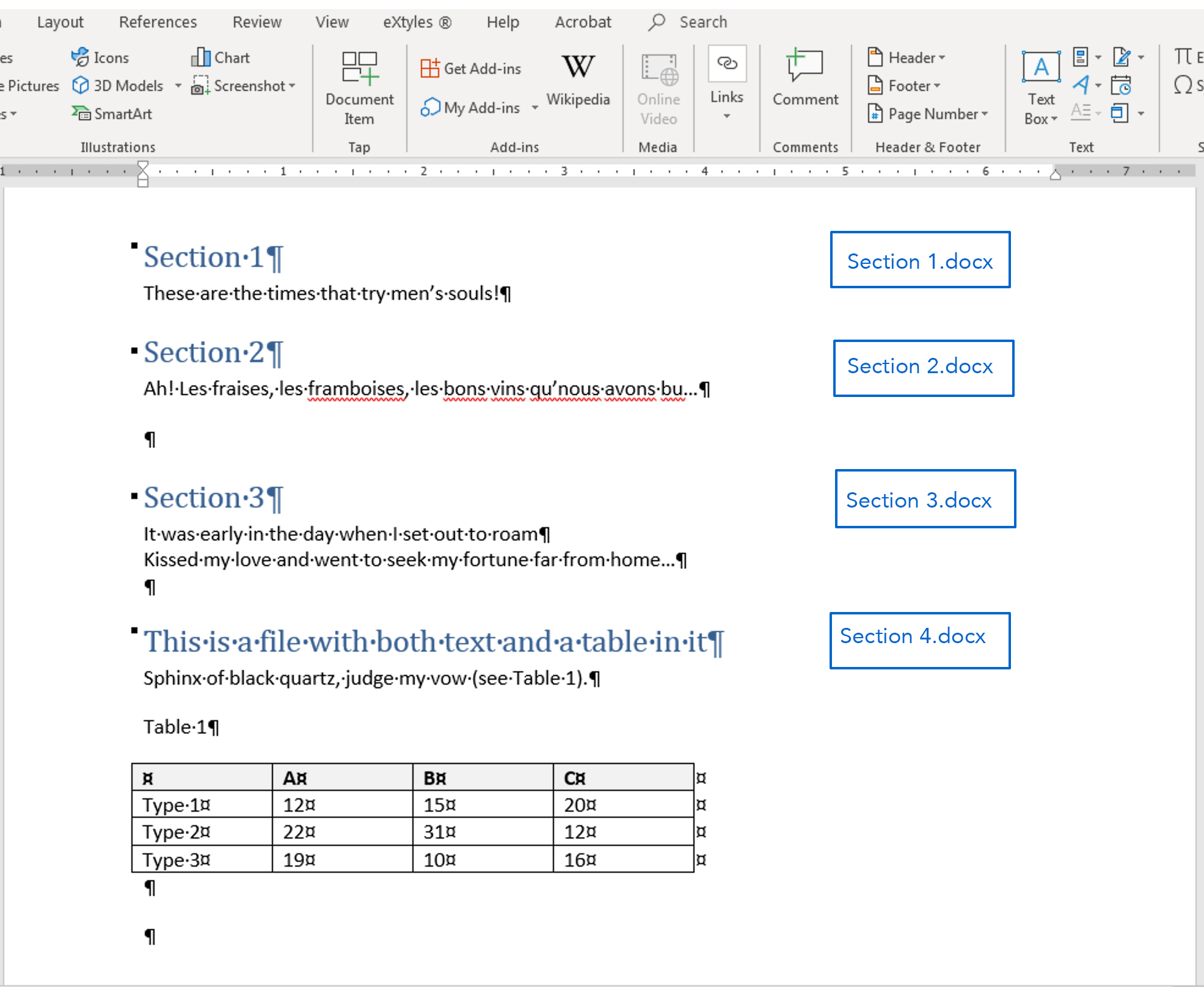 Screenshot: Microsoft Word document showing sections inserted from 3 different files, including a table as well as headings and text