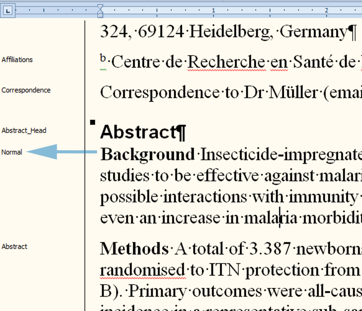 Screenshot from MS Word, showing that the first paragraph of an abstract is styled Normal instead of Abstract