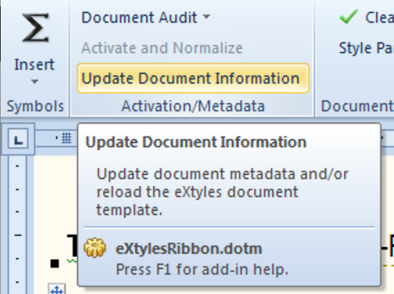 Screenshot of the Update Document Information button on the eXtyles ribbon in MS Word