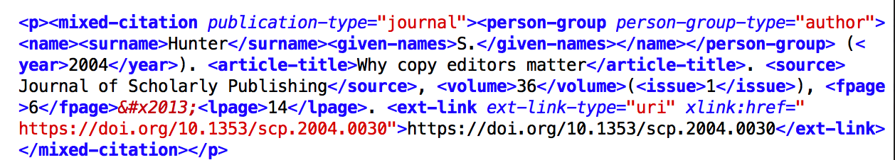 screenshot of a reference entry in XML markup, in a text editor