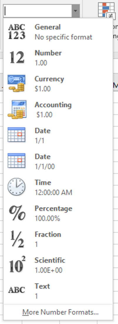 Screenshot: Excel dropdown list showing available data formats including General (no specific format), Number, Currency, Date, and Time.