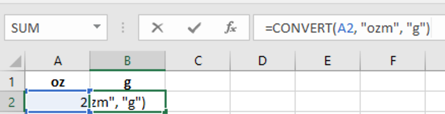 Screenshot: Excel's convert formula
