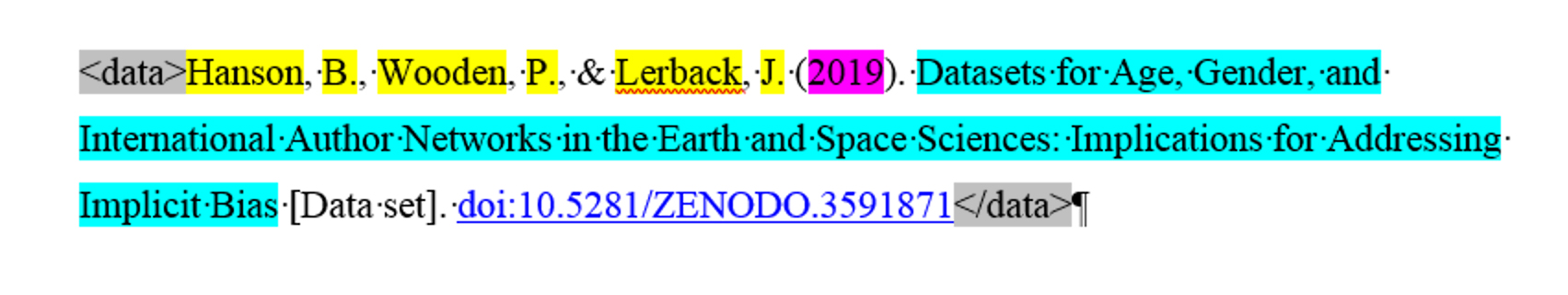 Screenshot of a reference entry processed by eXtyles: <data>Hanson, B., Wooden, P., & Lerback, J. (2019). Datasets for Age, Gender, and International Author Networks in the Earth and Space Sciences: Implications for Addressing Implicit Bias [Data set]. doi:10.5281/ZENODO.3591871</data>