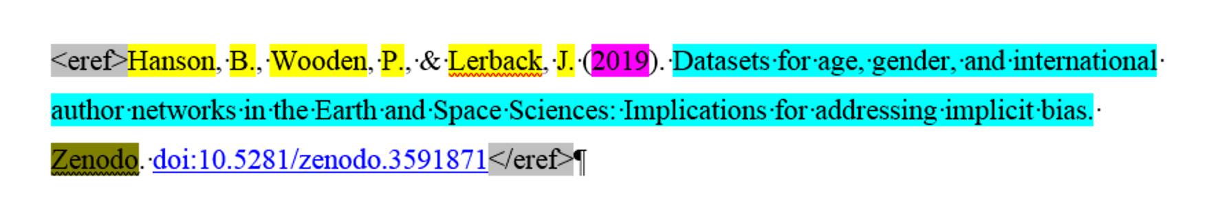 Screenshot of a reference entry processed by eXtyles: <eref>Hanson, B., Wooden, P., & Lerback, J. (2019). Datasets for age, gender, and international author networks in the Earth and Space Sciences: Implications for addressing implicit bias. Zenodo. doi:10.5281/zenodo.3591871</eref>