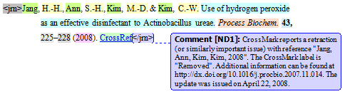 Screenshot: eXtyled reference entry with a Word Comment balloon that reads "CrossMark reports a retraction (or similarly important issue) with reference “Jang, Ann, Kim, Kim, 2008”. The CrossMark label is “Removed”. Additional information can be found at http://dx.doi.org/10.1016/j.procbio.2007.11.014. The update was issued on April 22, 2008.”