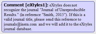 Word comment balloon: eXtyles does not recognize the journal "Journal of Unreproducible Results" (in reference "Smith, 2015"). If this is a valid journal title, please send this reference to journals@inera.champawesome.com and we will add it to the eXtyles journal database