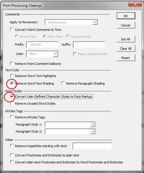 Screenshot: the Post-Processing Cleanup dialog in eXtyles, highlighting the options to remove text shading and convert user-defined character styles to face markup