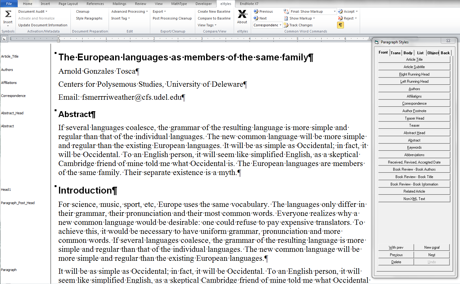 Screenshot: MS Word document, eXtyles paragraph styling palette